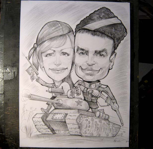 Анка и Василий Иванович на танке наступают шаржист Михаил Шабалин, шаржист Мишель