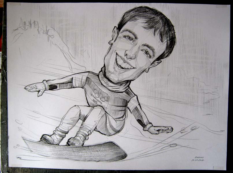 Шарж карандашом сноубордиста Шаржист Михаил Шабалин, шаржист Мишель
