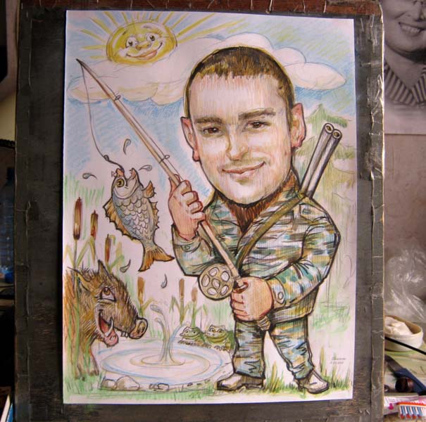 Рыбак с удочкой поймал рыбуШаржист Михаил Шабалин, шаржист Мишель