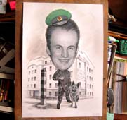 Пограничник в зеленой фуражке шаржист Михаил Шабалин, шаржист Мишель