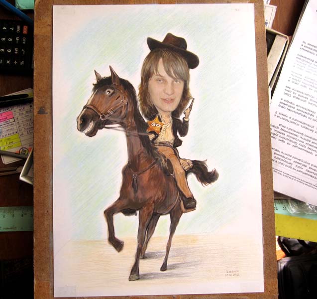 Акварельный рисунок ковбоя с пистолетом шаржист Михаил Шабалин, шаржист Мишель