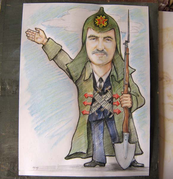 Цветной рисунок на призывающего красноармейца Шаржист Михаил Шабалин, шаржист Мишель