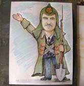 Цветной рисунок на призывающего красноармейца шаржист Михаил Шабалин, шаржист Мишель